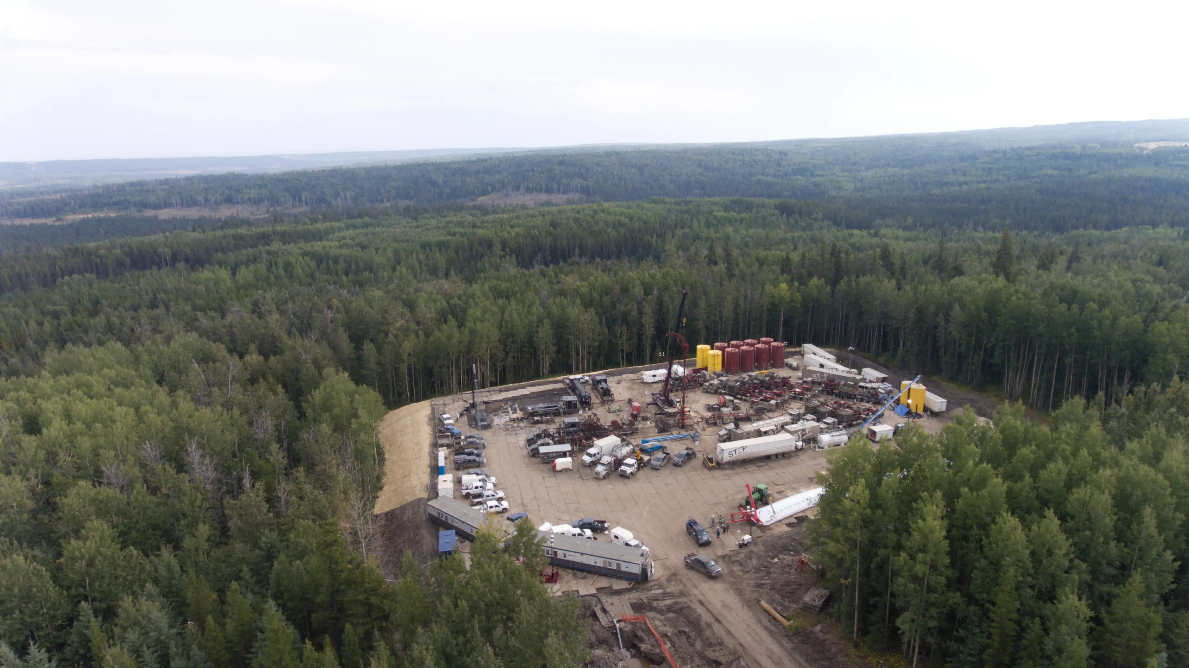 Aerial drone photo of a completions operation on a WCSB lease